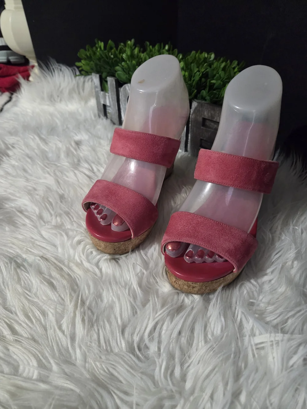 Jimmy Choo Pink Suede Cork Wedge Slide Sandals. Size 7.5, (37.5) women